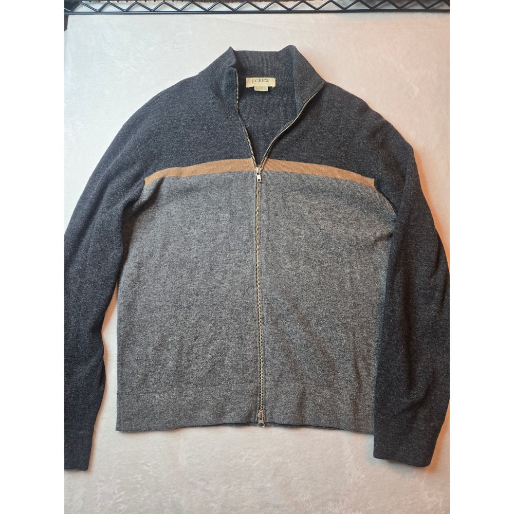 J Crew Mens Lambswool Full Zip Sweater Grey Colorblock Mock Neck Large